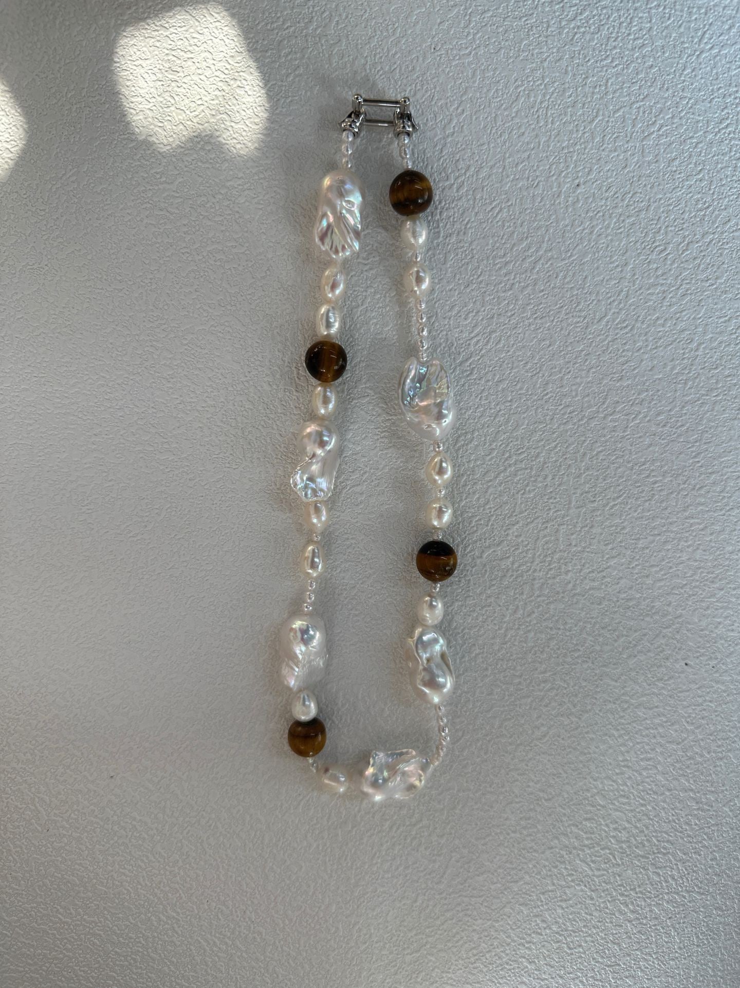 Unique Baroque Pearl & Tiger’s Eye Necklace | Sterling Silver Clasp & Cord String