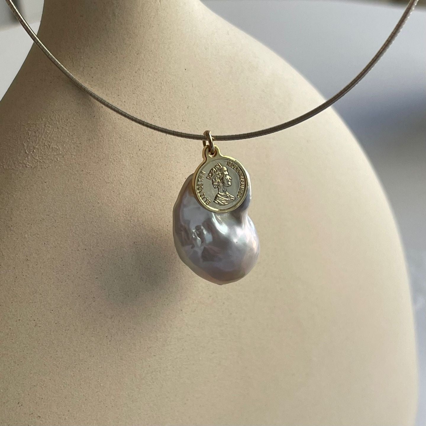 Baroque Pearl Pendant Necklace with Gold Coin | 925 Sterling Silver | Minimalist Fine Jewelry
