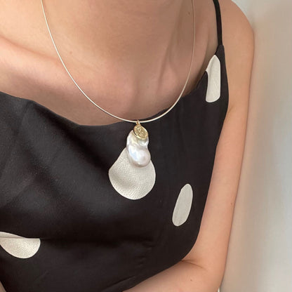 Baroque Pearl Pendant Necklace with Gold Coin | 925 Sterling Silver | Minimalist Fine Jewelry