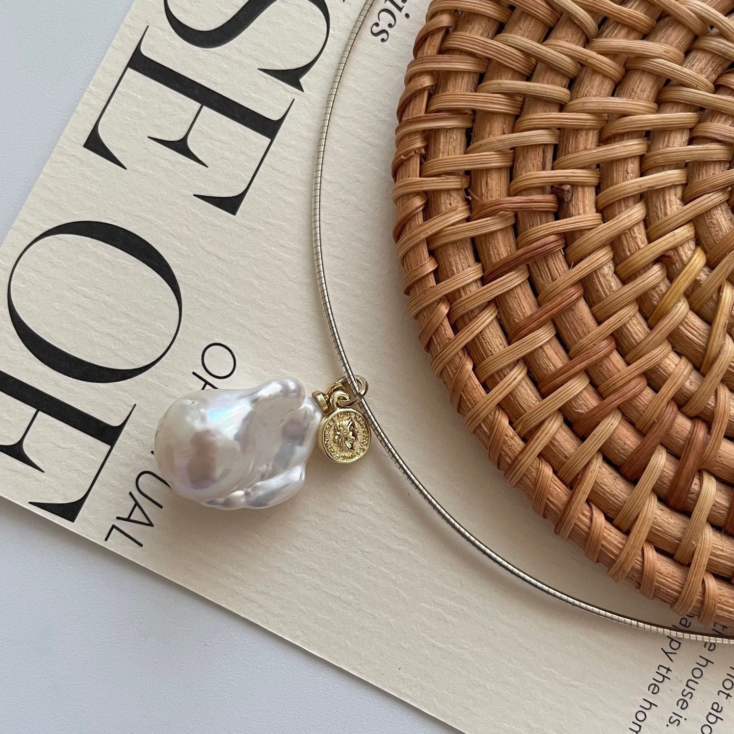 Baroque Pearl Pendant Necklace with Gold Coin | 925 Sterling Silver | Minimalist Fine Jewelry