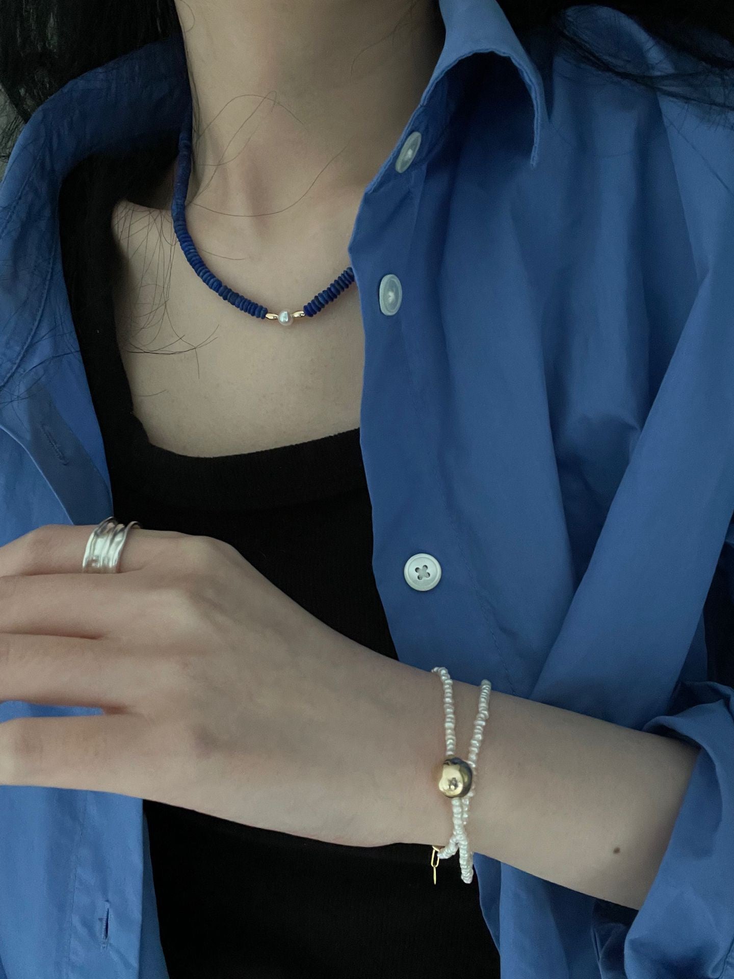 Natural Lapis Lazuli & Freshwater Pearl Necklace |  14K Gold-Filled（US Standard） Magnetic Clasp | Elegant & Timeless Jewelry