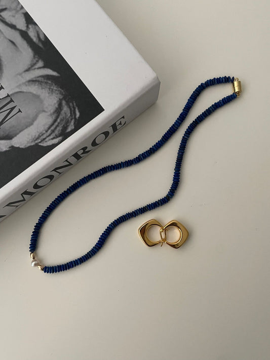 Natural Lapis Lazuli & Freshwater Pearl Necklace |  14K Gold-Filled（US Standard） Magnetic Clasp | Elegant & Timeless Jewelry