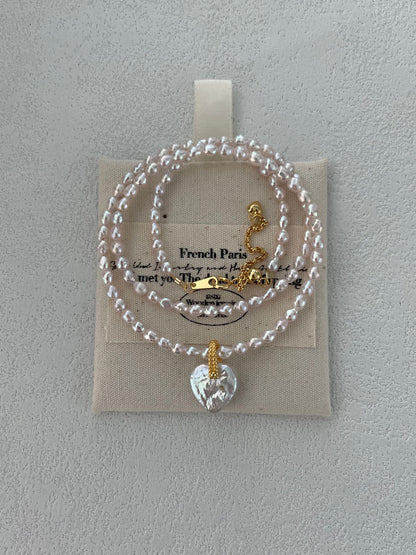 Sakura Pink Seed Bead Necklace with Detachable Heart-Shaped Baroque Pearl Pendant | 18K Gold Vermeil | 39+5cm Adjustable