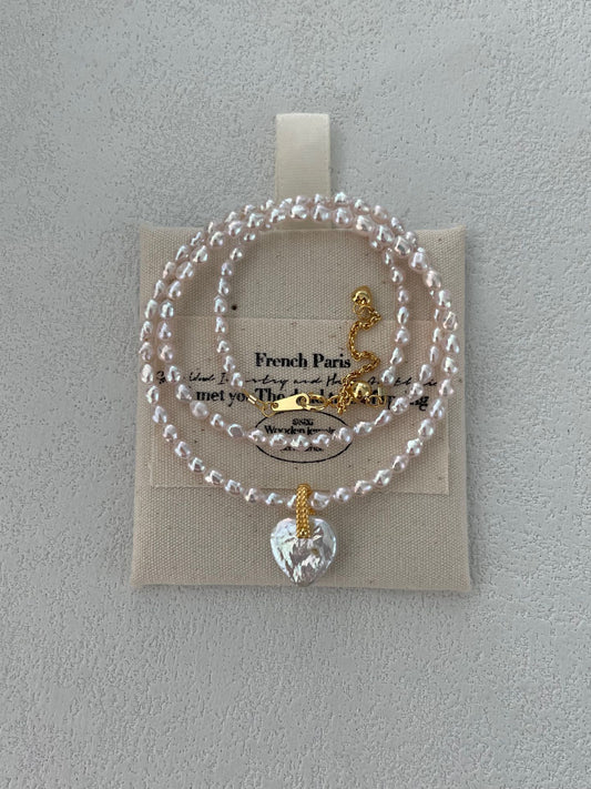 Sakura Pink Seed Bead Necklace with Detachable Heart-Shaped Baroque Pearl Pendant | 18K Gold Vermeil | 39+5cm Adjustable