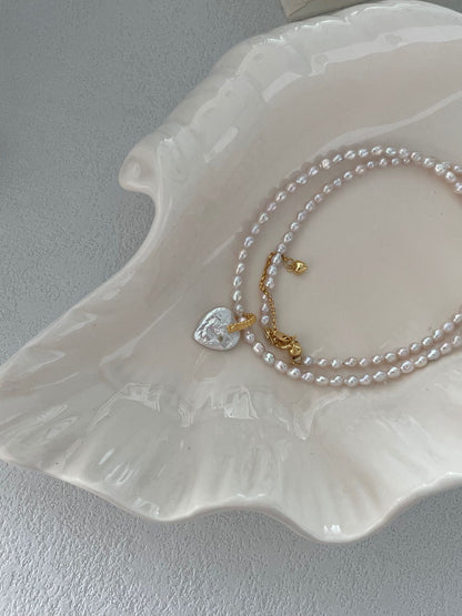 Sakura Pink Seed Bead Necklace with Detachable Heart-Shaped Baroque Pearl Pendant | 18K Gold Vermeil | 39+5cm Adjustable