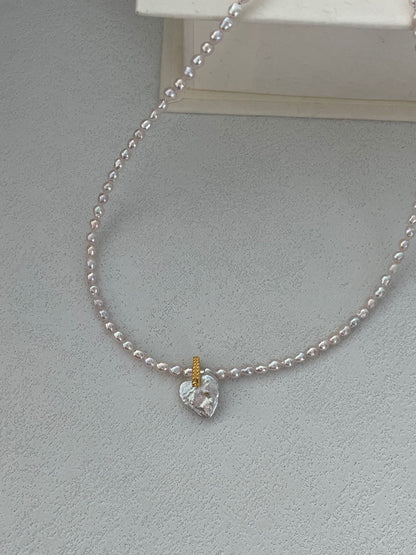 Sakura Pink Seed Bead Necklace with Detachable Heart-Shaped Baroque Pearl Pendant | 18K Gold Vermeil | 39+5cm Adjustable