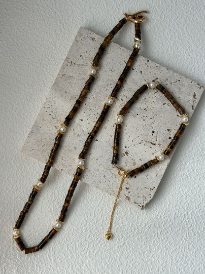 Caramel Tiger Eye & Pearl Necklace for Early Autumn | 16‘’ Adjustable | 18K Gold Vermeil Clasp & Copper Gold-Plated Accents