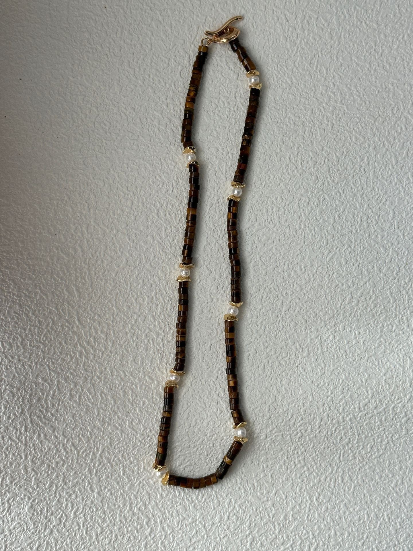 Caramel Tiger Eye & Pearl Necklace for Early Autumn | 16‘’ Adjustable | 18K Gold Vermeil Clasp & Copper Gold-Plated Accents