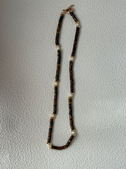 Caramel Tiger Eye & Pearl Necklace for Early Autumn | 16‘’ Adjustable | 18K Gold Vermeil Clasp & Copper Gold-Plated Accents