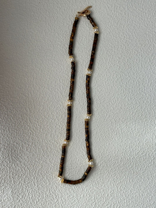 Caramel Tiger Eye & Pearl Necklace for Early Autumn | 16‘’ Adjustable | 18K Gold Vermeil Clasp & Copper Gold-Plated Accents