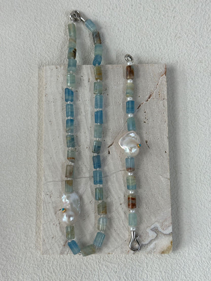 Baroque Pearl & Turquoise Inlay Necklace with Natural Calcite | 925 Silver Clasp | 16.5''Handmade Gemstone Jewelry