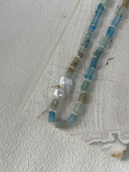 Baroque Pearl & Turquoise Inlay Necklace with Natural Calcite | 925 Silver Clasp | 16.5''Handmade Gemstone Jewelry