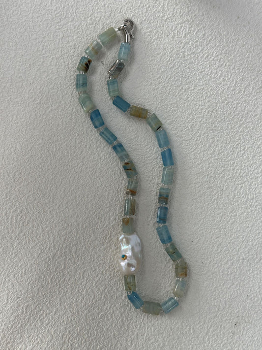 Baroque Pearl & Turquoise Inlay Necklace with Natural Calcite | 925 Silver Clasp | 16.5''Handmade Gemstone Jewelry