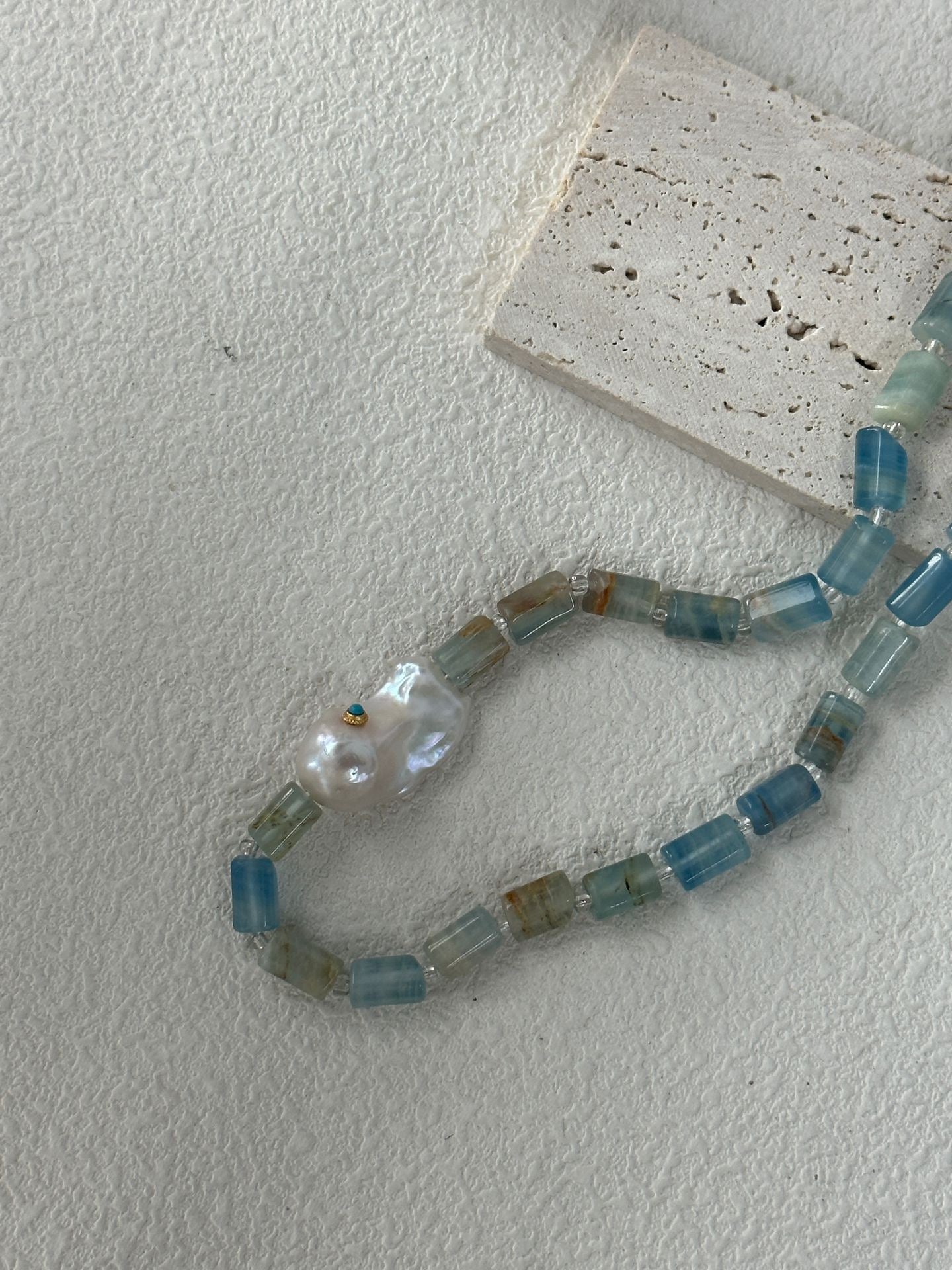 Baroque Pearl & Turquoise Inlay Necklace with Natural Calcite | 925 Silver Clasp | 16.5''Handmade Gemstone Jewelry