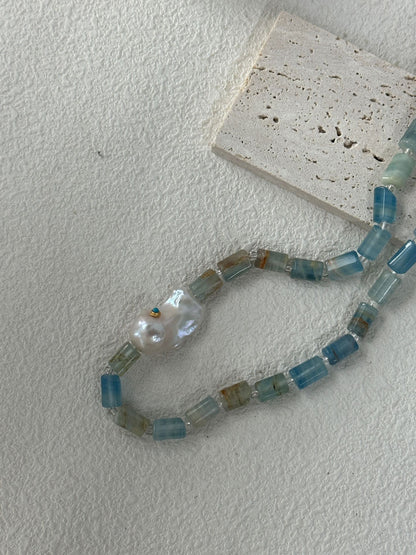 Baroque Pearl & Turquoise Inlay Necklace with Natural Calcite | 925 Silver Clasp | 16.5''Handmade Gemstone Jewelry