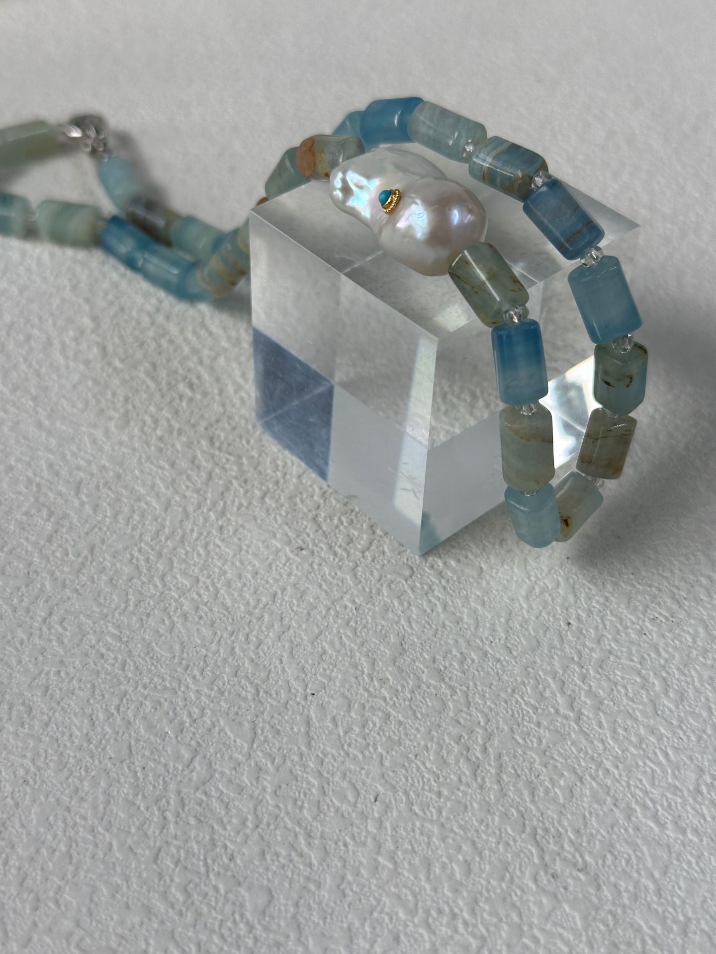 Baroque Pearl & Turquoise Inlay Necklace with Natural Calcite | 925 Silver Clasp | 16.5''Handmade Gemstone Jewelry