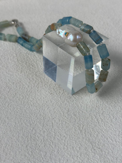 Baroque Pearl & Turquoise Inlay Necklace with Natural Calcite | 925 Silver Clasp | 16.5''Handmade Gemstone Jewelry