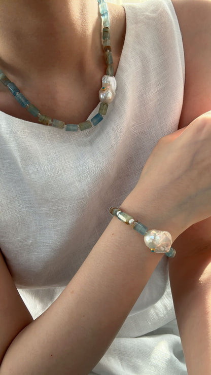 Baroque Pearl & Turquoise Inlay Bracelet with Natural Calcite | 925 Silver Clasp | Handmade Gemstone Jewelry