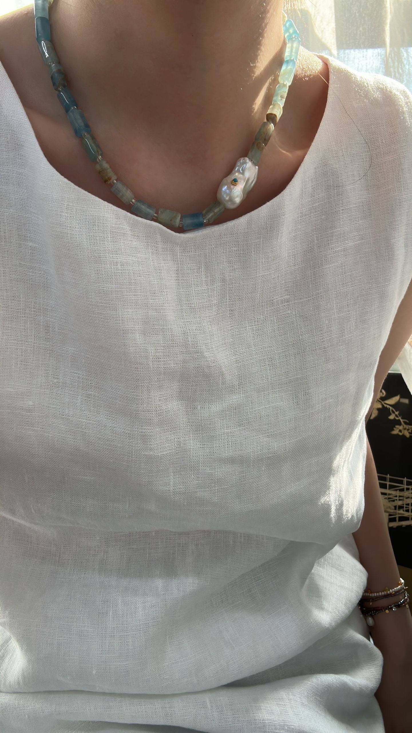 Baroque Pearl & Turquoise Inlay Necklace with Natural Calcite | 925 Silver Clasp | 16.5''Handmade Gemstone Jewelry