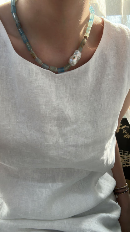Baroque Pearl & Turquoise Inlay Necklace with Natural Calcite | 925 Silver Clasp | 16.5''Handmade Gemstone Jewelry