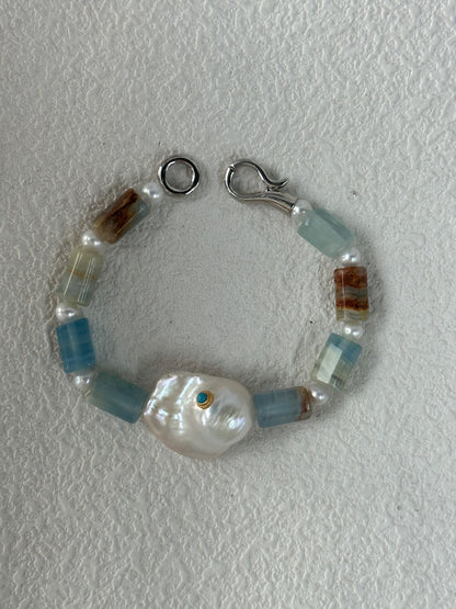 Baroque Pearl & Turquoise Inlay Bracelet with Natural Calcite | 925 Silver Clasp | Handmade Gemstone Jewelry
