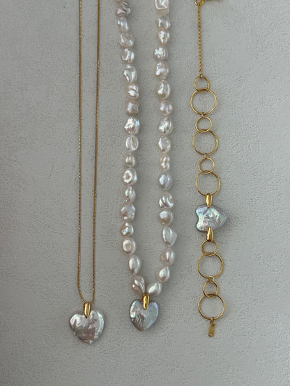 Heart-Shaped Freshwater Pearl Necklace | 50cm Gold Chain | Silver Gold-plated Heart Clasp