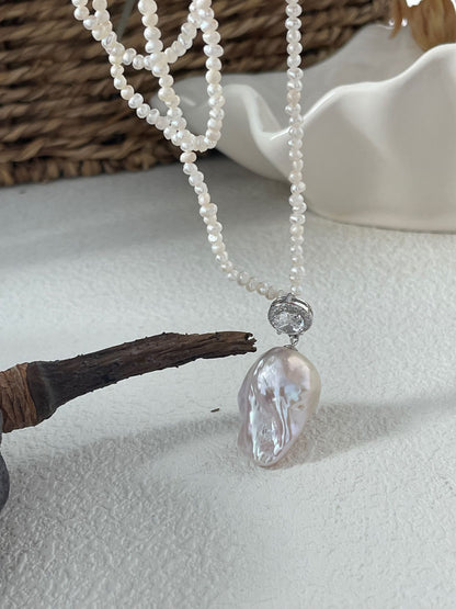 Elegant Freshwater Pearl & Zircon Pendant Necklace | 38+5cm | Solid Silver | Zircon Inlay