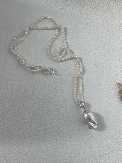 Elegant Freshwater Pearl & Zircon Pendant Necklace | 38+5cm | Solid Silver | Zircon Inlay