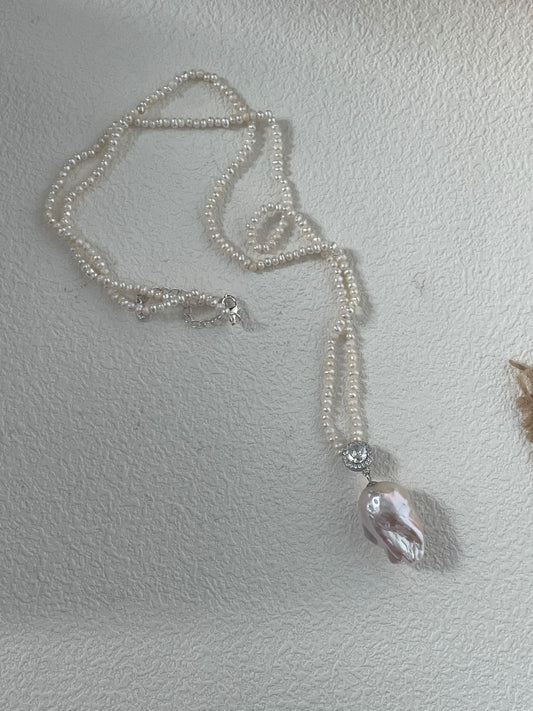 Elegant Freshwater Pearl & Zircon Pendant Necklace | 38+5cm | Solid Silver | Zircon Inlay