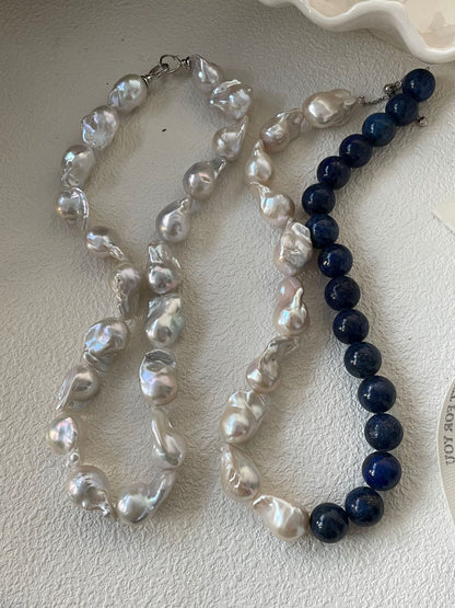Baroque Pearl Necklace (42cm)/Lapis Lazuli & Baroque Pearl Necklace (Adjustable 40-45cm)