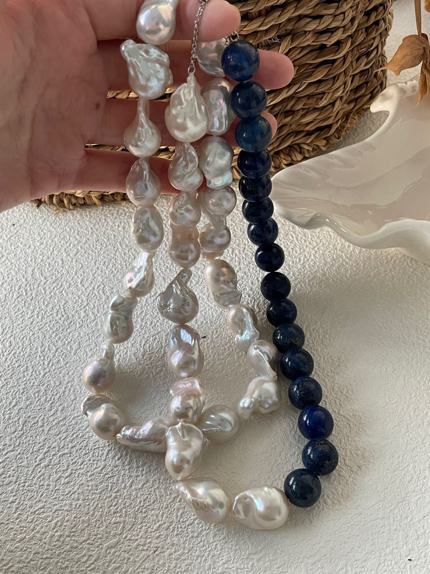 Baroque Pearl Necklace (42cm)/Lapis Lazuli & Baroque Pearl Necklace (Adjustable 40-45cm)