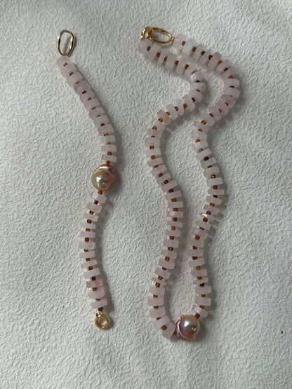 Rose Pink Quartz & Colorful Baroque Necklace | 18K Gold-plated Silver | 40cm