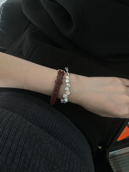 Baroque Pearl & White Gold-plated Silver Bangle Bracelet | Fixed Size | Elegant Minimalist Jewelry