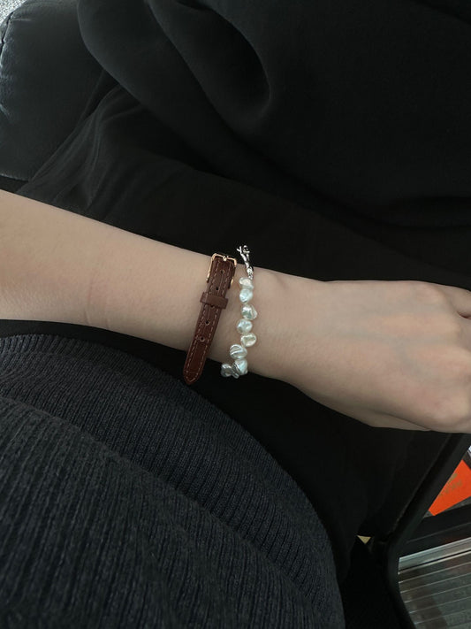 Baroque Pearl & White Gold-plated Silver Bangle Bracelet | Fixed Size | Elegant Minimalist Jewelry
