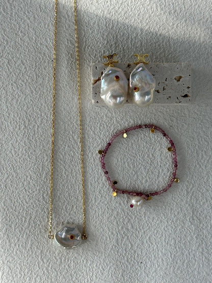 Petal Pearl Pendant Necklace with Ruby Inlay | 18K Gold-Plated Silver Chain