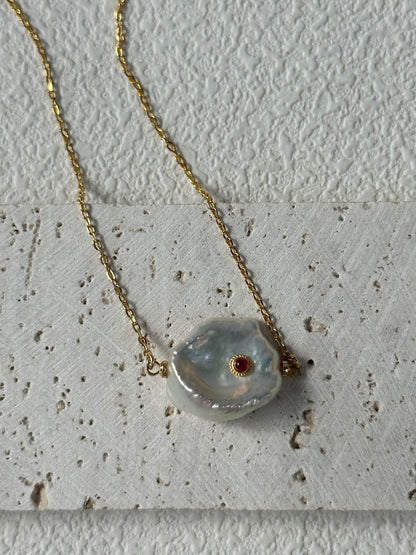 Petal Pearl Pendant Necklace with Ruby Inlay | 18K Gold-Plated Silver Chain