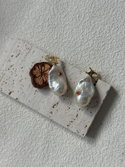 Ruby Inlaid Baroque Pearl Earrings | 18K Gold-Plated Silver