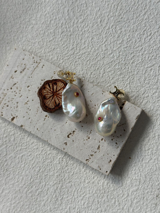 Ruby Inlaid Baroque Pearl Earrings | 18K Gold-Plated Silver