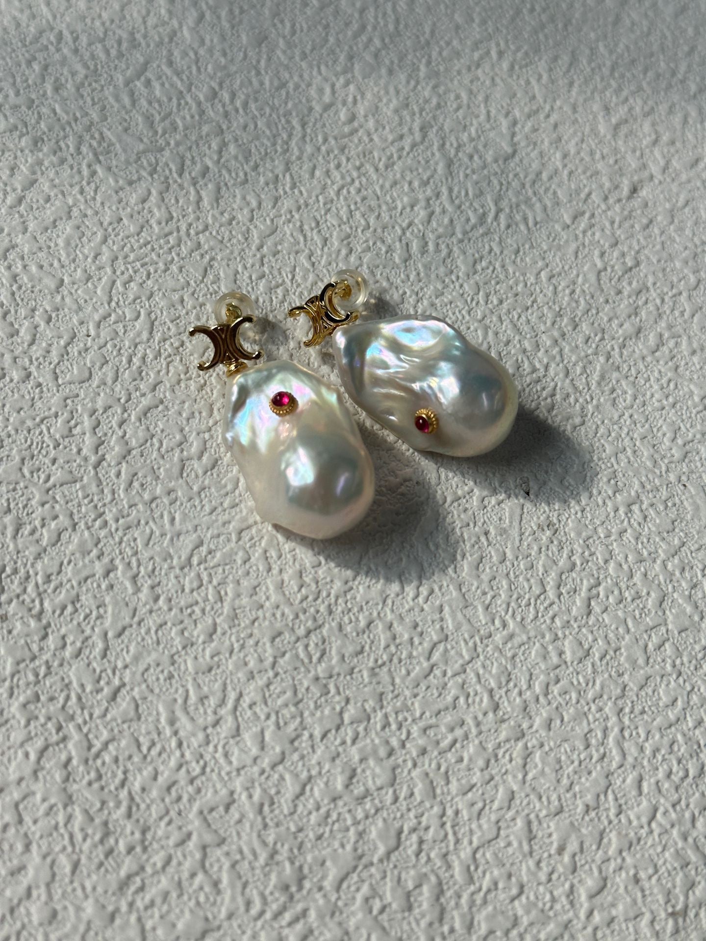 Ruby Inlaid Baroque Pearl Earrings | 18K Gold-Plated Silver
