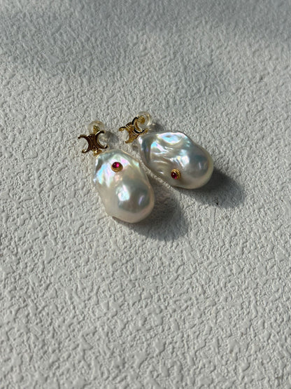 Ruby Inlaid Baroque Pearl Earrings | 18K Gold-Plated Silver