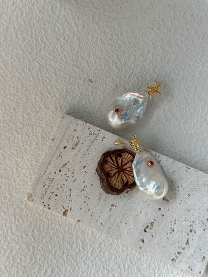 Ruby Inlaid Baroque Pearl Earrings | 18K Gold-Plated Silver