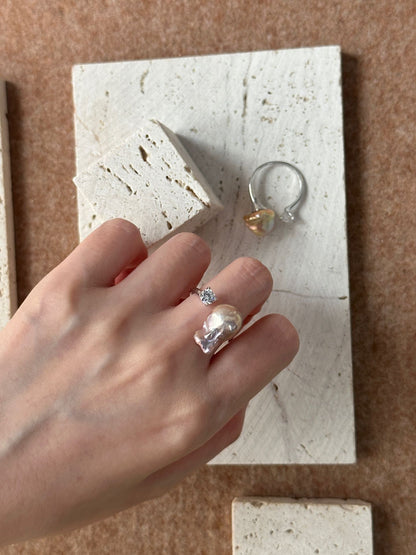 Zircon & Iridescent Baroque Open Ring | Adjustable