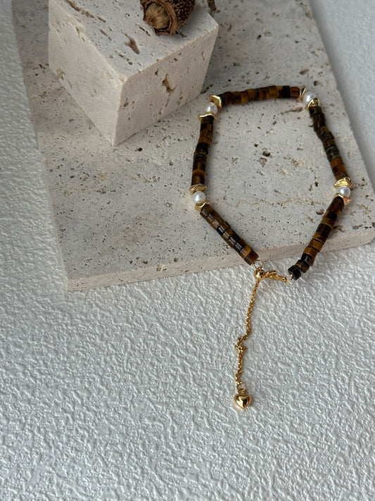 Caramel Tiger Eye & Pearl Bracelet | 14.5 + 5 cm Adjustable | Silver 18K Gold-Plated Clasp & Copper Gold-Plated Accents