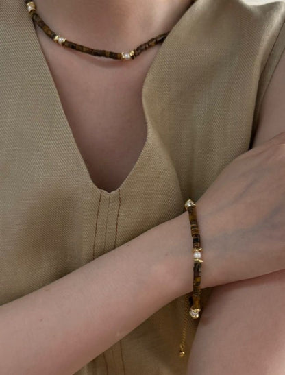 Caramel Tiger Eye & Pearl Bracelet | 14.5 + 5 cm Adjustable | Silver 18K Gold-Plated Clasp & Copper Gold-Plated Accents