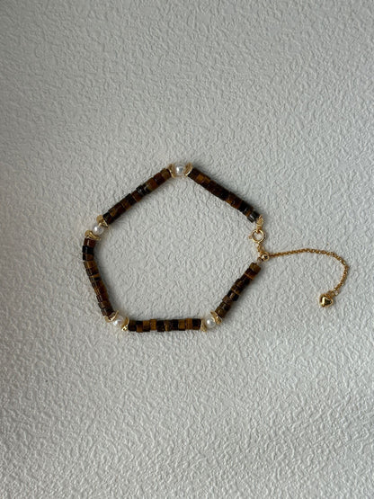 Caramel Tiger Eye & Pearl Bracelet | 14.5 + 5 cm Adjustable | Silver 18K Gold-Plated Clasp & Copper Gold-Plated Accents