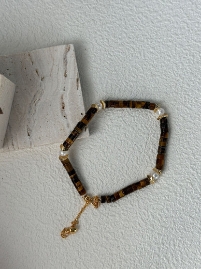 Caramel Tiger Eye & Pearl Bracelet | 14.5 + 5 cm Adjustable | Silver 18K Gold-Plated Clasp & Copper Gold-Plated Accents