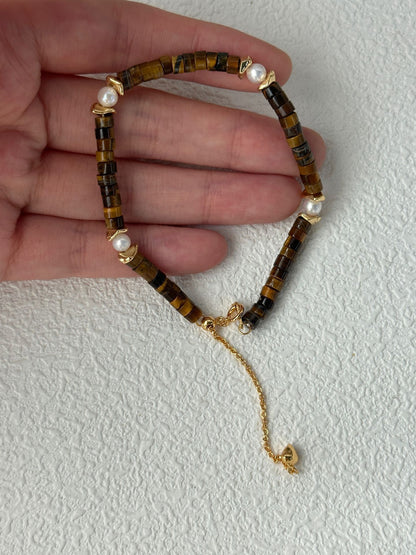 Caramel Tiger Eye & Pearl Bracelet | 14.5 + 5 cm Adjustable | Silver 18K Gold-Plated Clasp & Copper Gold-Plated Accents