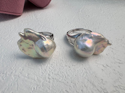 Adjustable Baroque Pearl Ring in S925 Silver – Custom Fish Tail Statement Jewelry