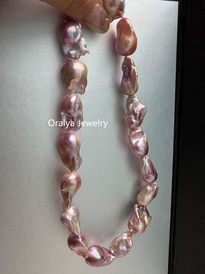 Purple Baroque Pearl Necklace 40cm – Large Natural Pearls with 925 Silver Zircon Clasp
