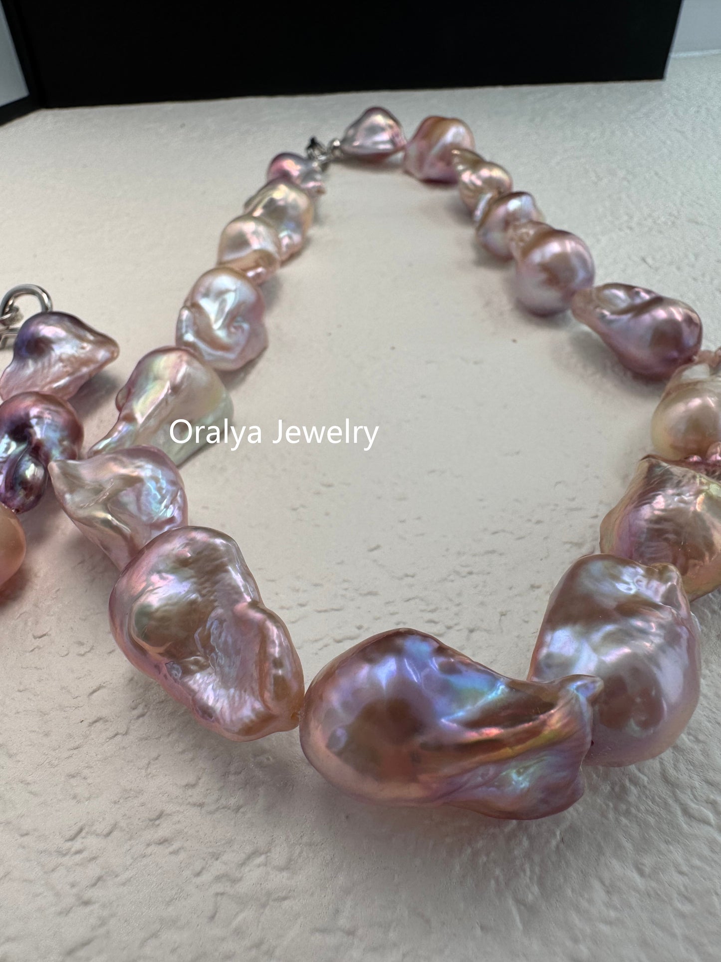 Purple Baroque Pearl Necklace 40cm – Large Natural Pearls with 925 Silver Zircon Clasp